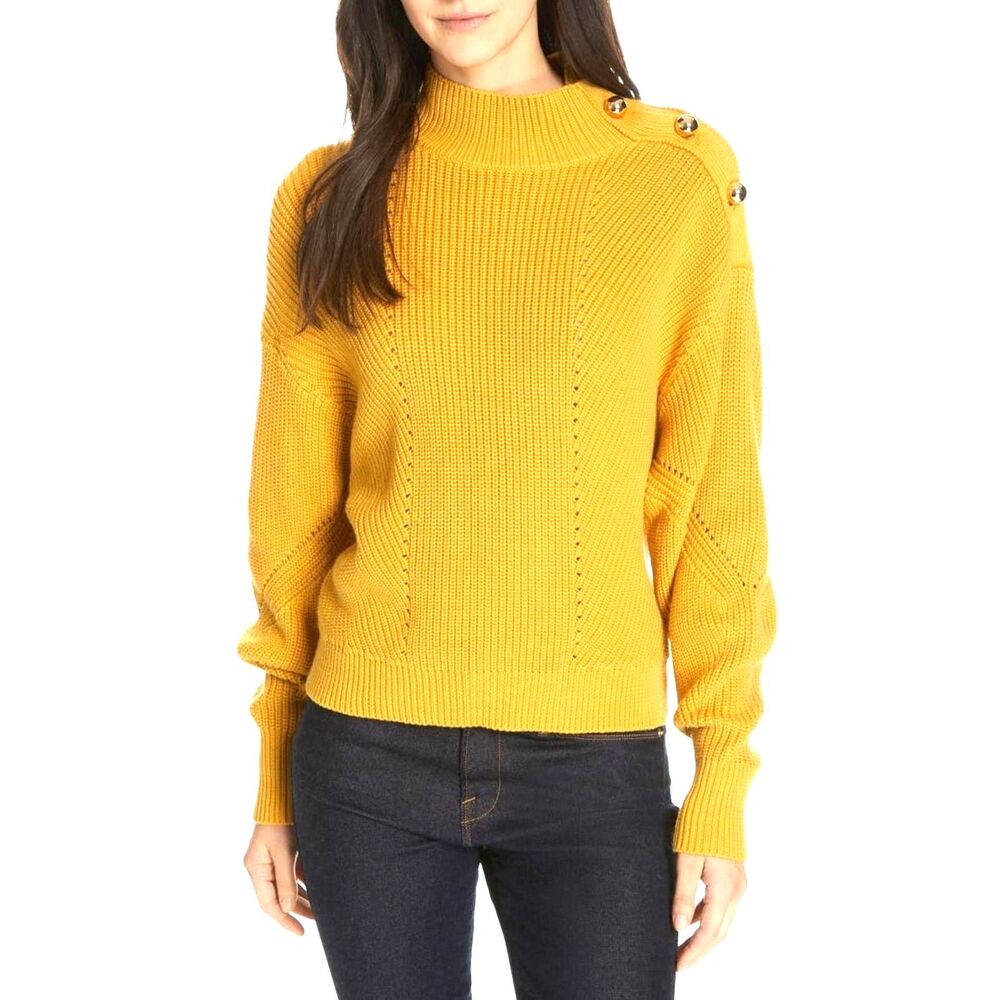 JOIE Lusela Sweater Golden Yellow Sz XS Mock Neck Knit Gold Buttons Pullover - Picture 1 of 11